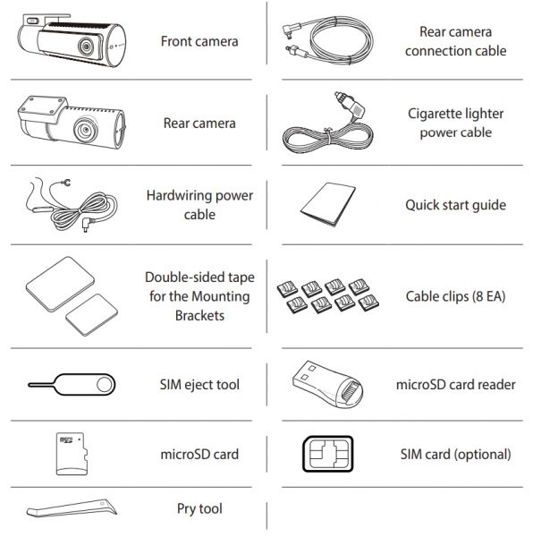 BlackVue DR970X-2CH Plus LTE box contents (manufacturer diagram)