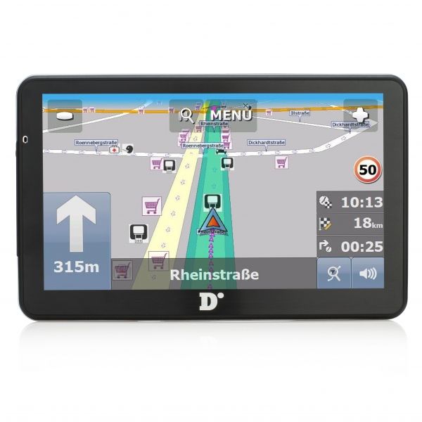 Diniwid N7 7" GPS navigator, front view with navigation on screen