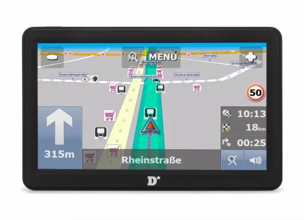 GPS-навигатор Diniwid N9 9", вид спереди с навигацией на экране