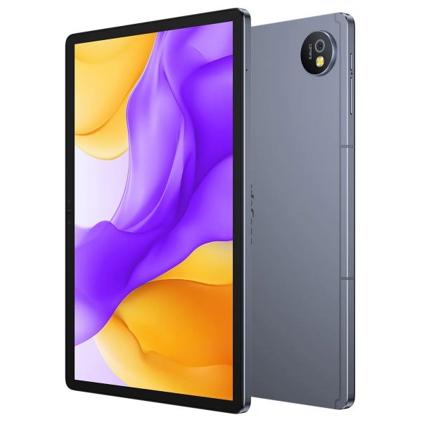 Ulefone Tab A10 en ángulo: pantalla encendida y trasera de aluminio